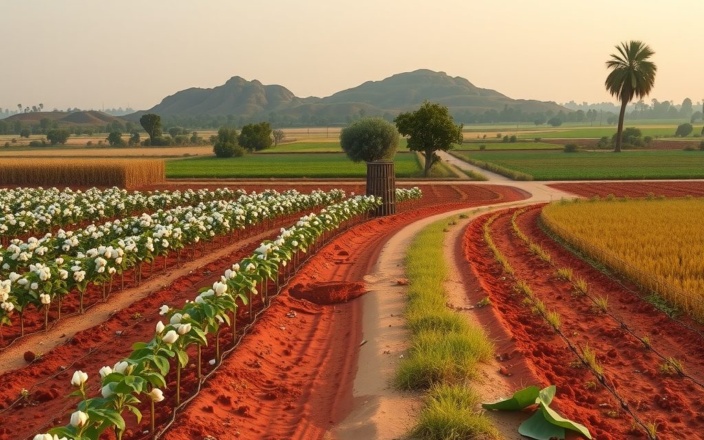 Red-soil farm land with custard apple trees below the forested Ananthagiri hills near Vikarabad, Telangana