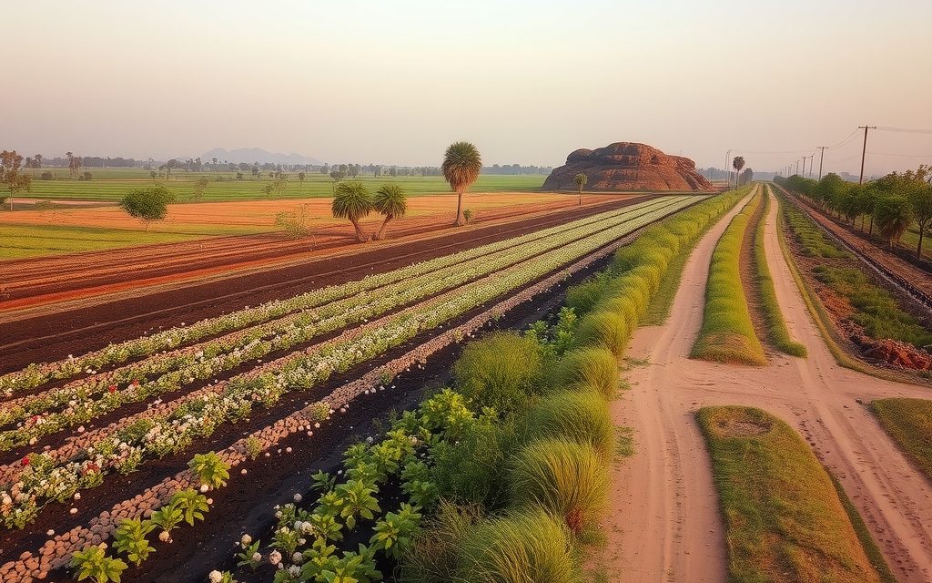 Dry-land cotton fields below the granite hill fort at Devarakonda, Nalgonda district