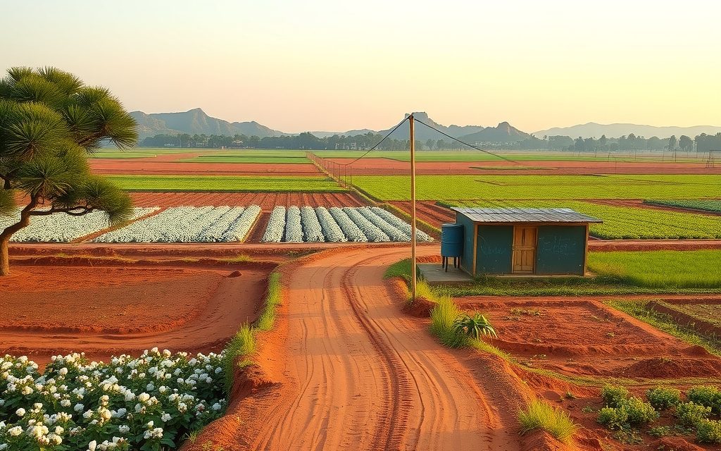 Paddy fields on the Godavari plain near Ramagundam with power station cooling towers in the distance, Peddapalli district