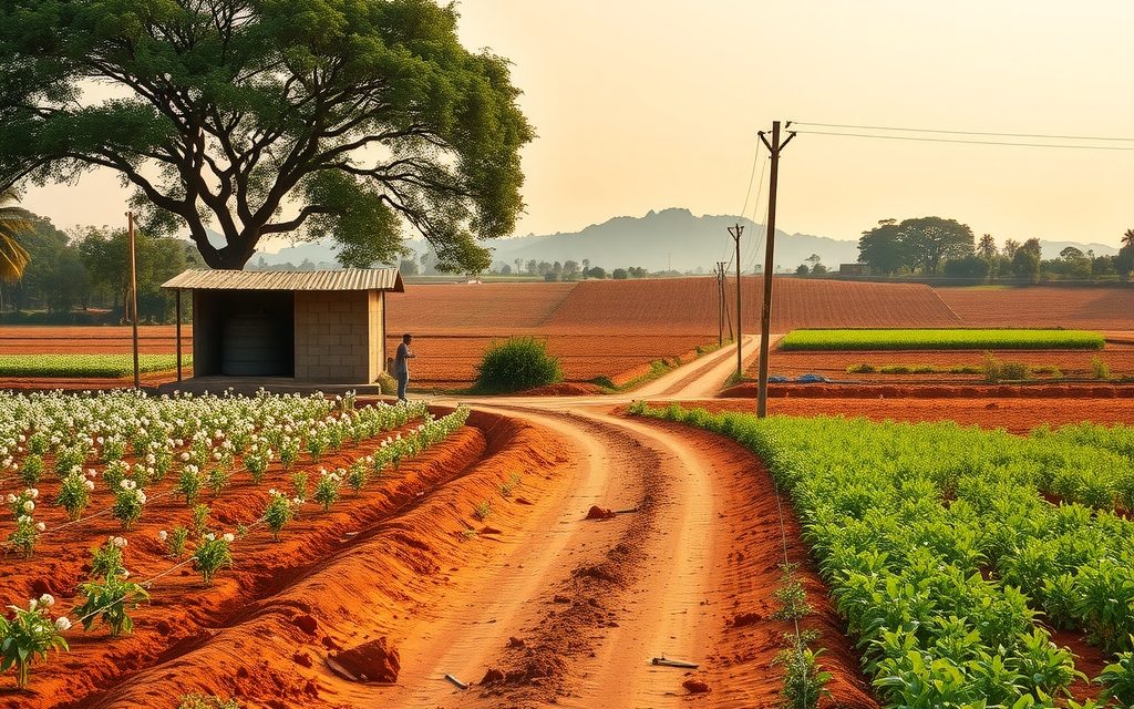 Paddy fields and a mango orchard with an aircraft on approach near Shamshabad, Rangareddy district