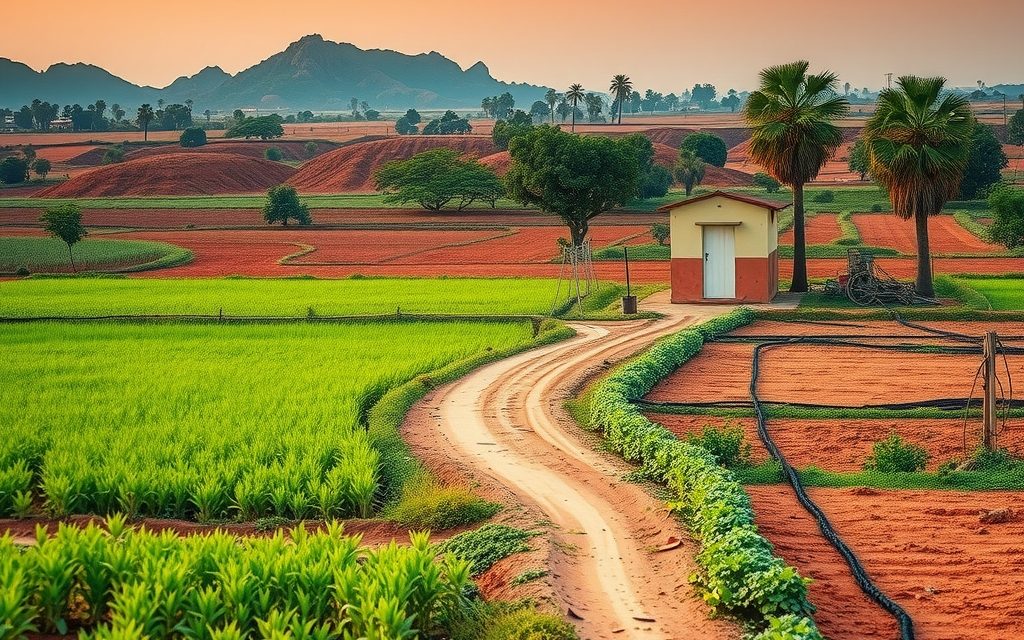 Paddy field below a village tank with township towers behind, near Tellapur, Sangareddy district
