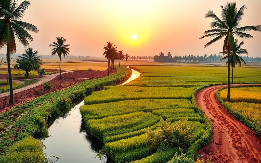 Red-soil farm land with a borewell pump house and a mud approach track in rural Vikarabad district