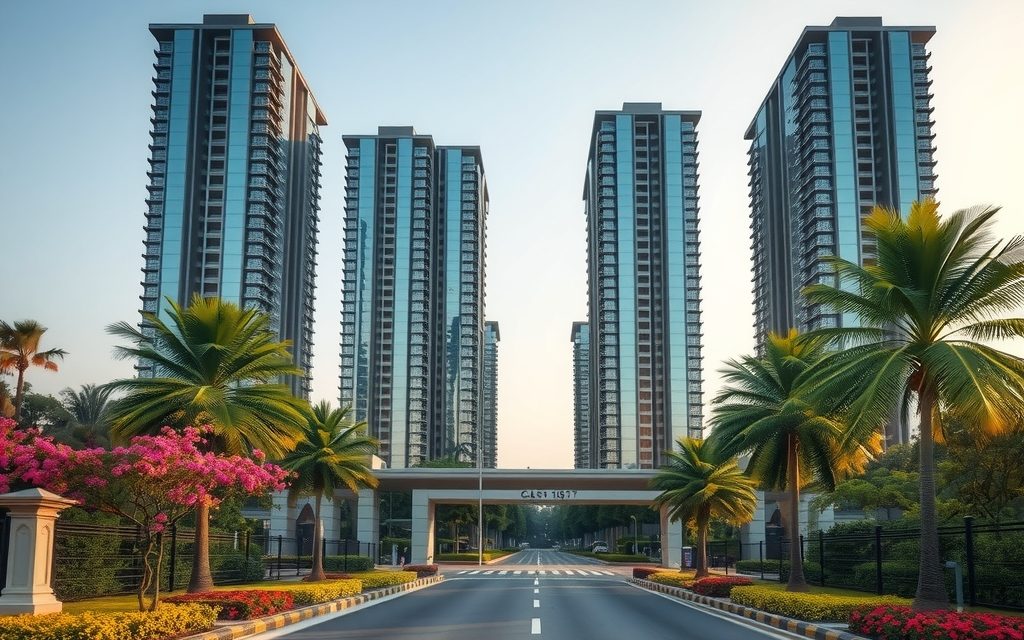 High-rise apartment towers on the Kokapet edge of Gandipet with Osman Sagar and green land in the distance, west Hyderabad