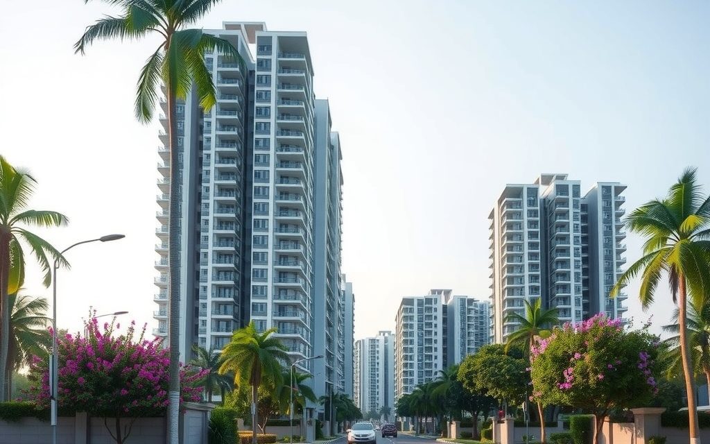 Gated mid-rise apartment blocks near the Kandlakoya ORR interchange on NH-44 at Medchal, Medchal-Malkajgiri district