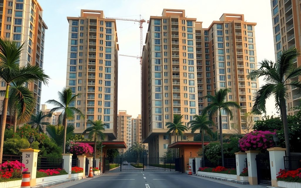 Mid-rise gated apartment project among villa communities and mango trees in Mokila, Rangareddy district