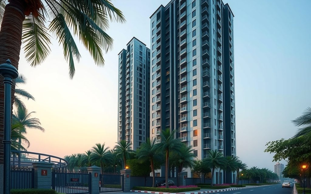Gated high-rise apartment towers beside the Narsingi ORR interchange, Hyderabad