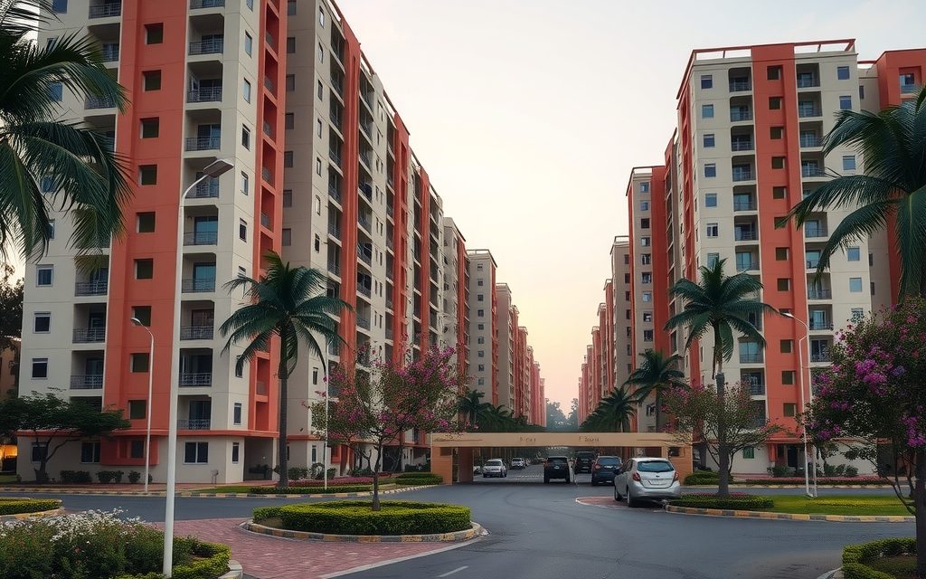 Mid-rise apartment buildings near the market and railway station in Shankarpally town, Rangareddy district