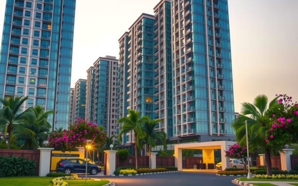 Low-rise apartment buildings in a tree-lined residential colony in Vanasthalipuram near the Vijayawada highway, Hyderabad