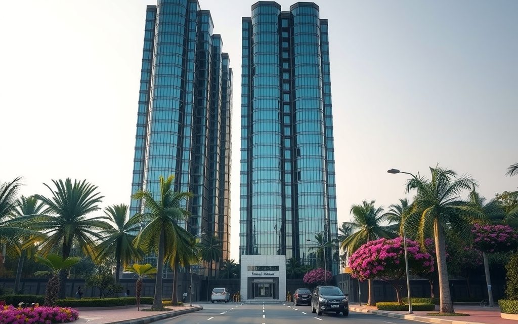 Mid-rise apartment buildings along the main road near Yusufguda metro station, Hyderabad
