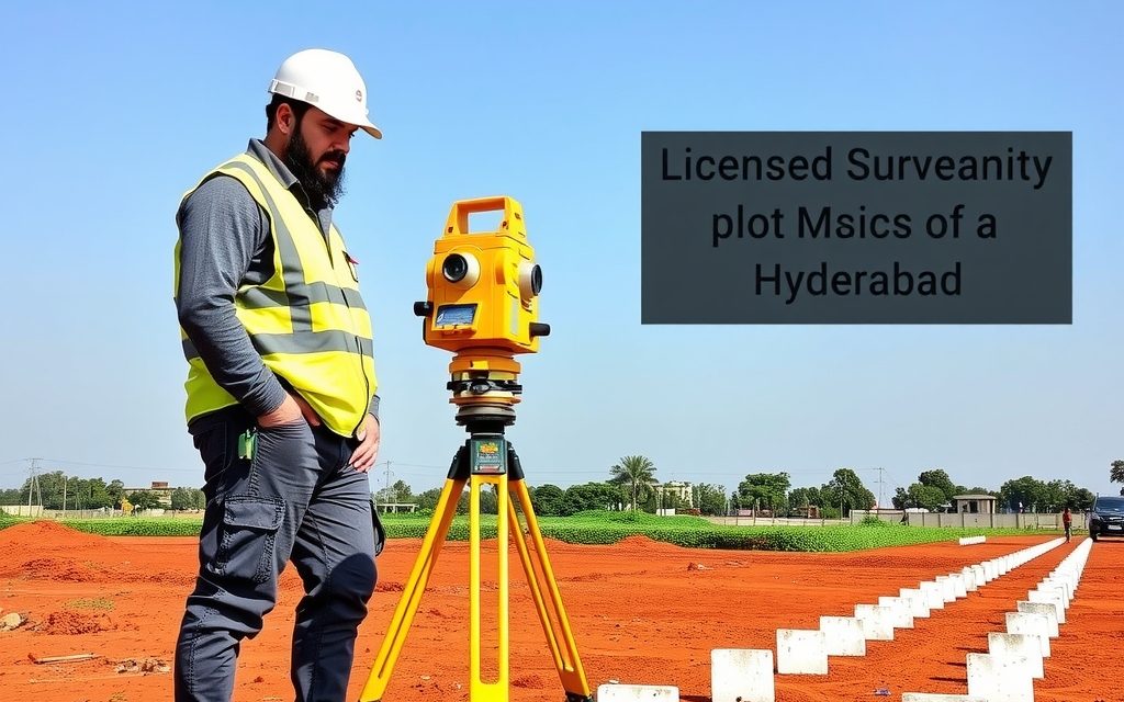 Surveyor measuring a pegged plot against an approved layout plan in an HMDA layout near Shadnagar, Telangana