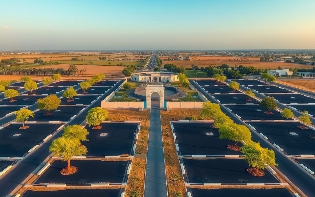 DTCP-approved plot layout off NH-44 near Jadcherla with red-soil fields beyond, Mahbubnagar district, Telangana