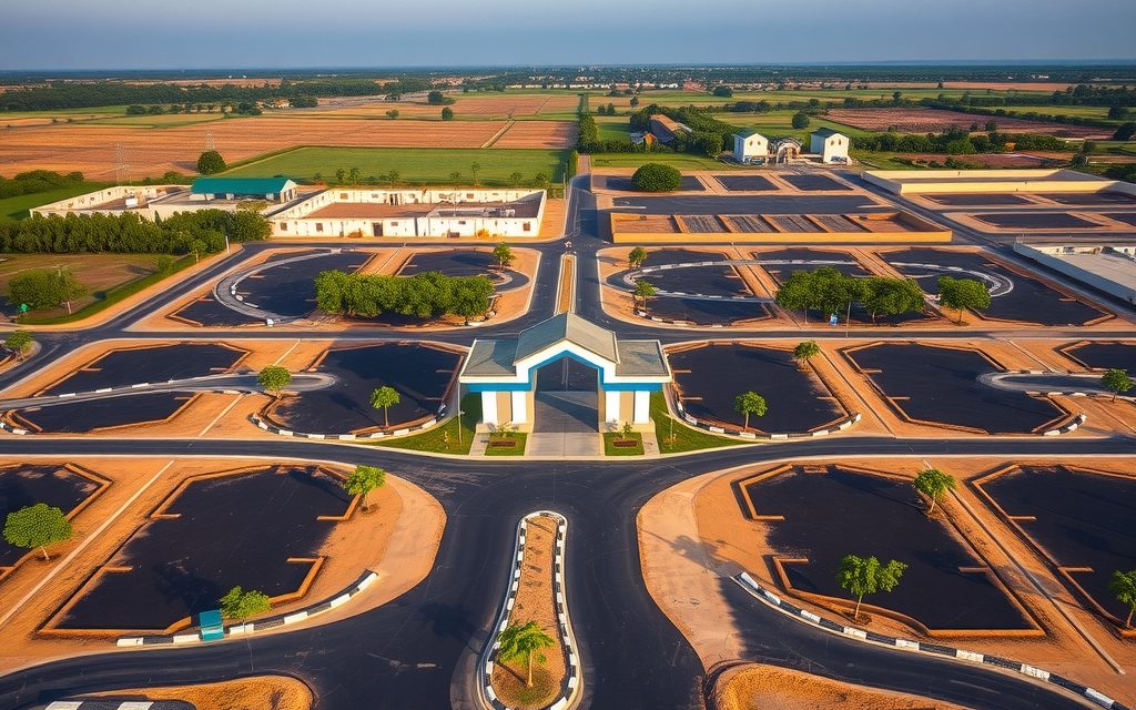 DTCP plot layout between Kodad town and NH-65 with canal-fed paddy fields on black cotton soil