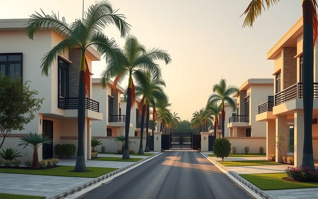 Gated villa lane with mature trees near the Financial District in Gachibowli, Hyderabad