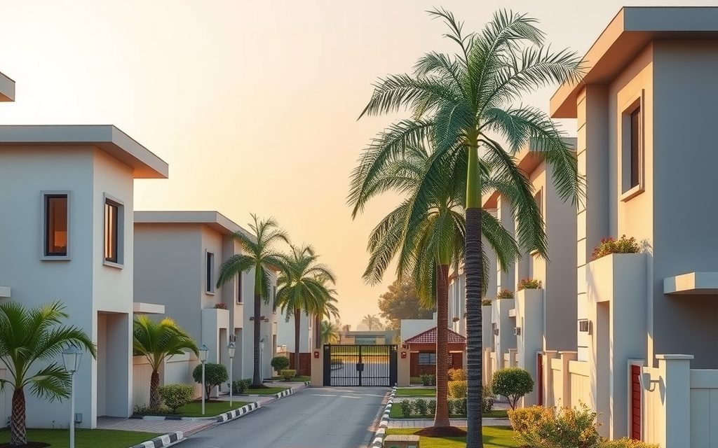 Gated row villas with private terraces near Miyapur, with the Red Line metro viaduct in the distance, Hyderabad