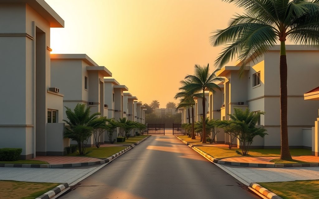 Independent duplex homes on a quiet colony road with the Yadagirigutta temple hill in the distance, Yadadri Bhuvanagiri district